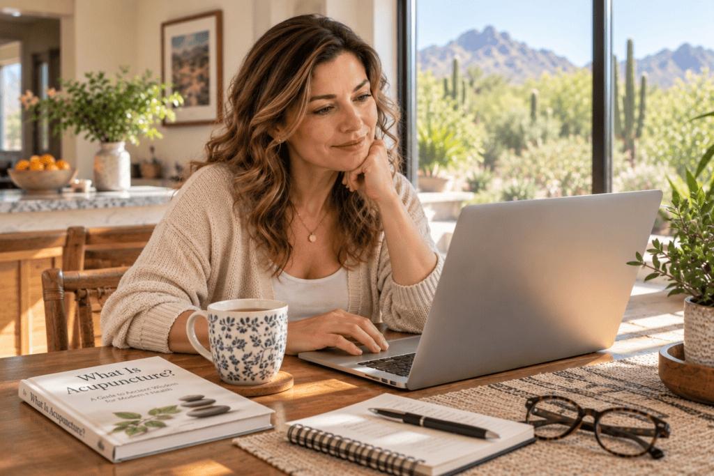 Woman researching acupuncture at home while considering scheduling her first treatment.