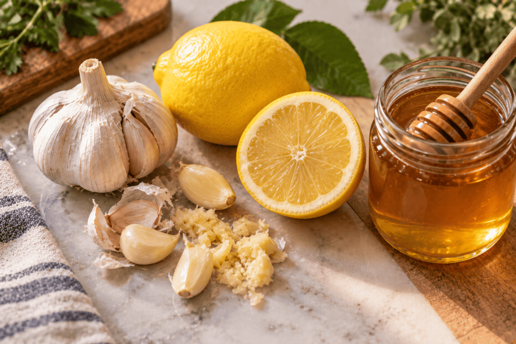 Flat-lay of garlic with crushed cloves, lemon, and a jar of honey on a clean surface.