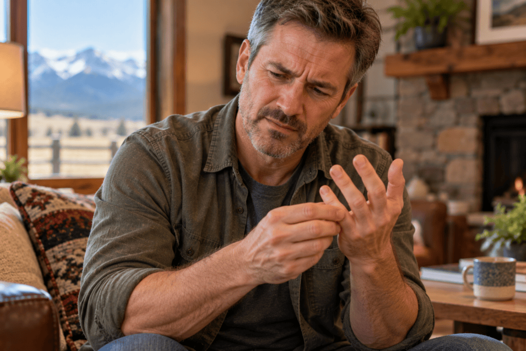 Person rubbing their fingertips together with an uncomfortable expression, feeling numbness and tingling.