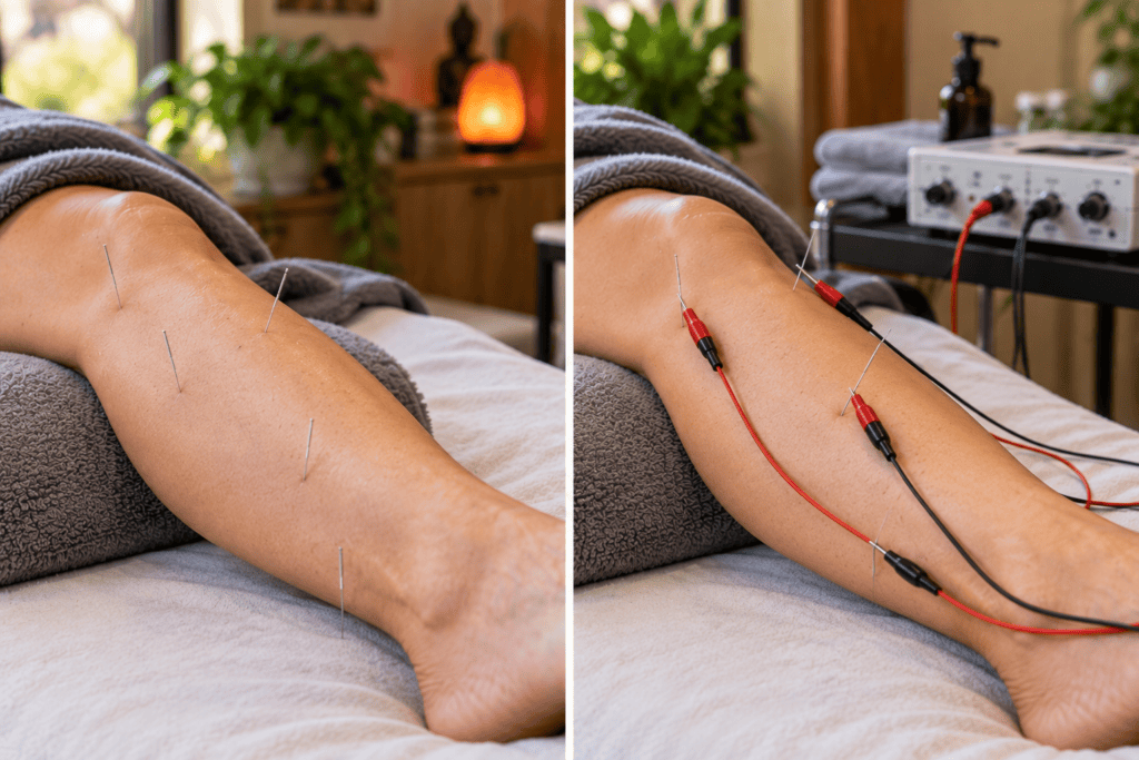 Side-by-side comparison of traditional acupuncture needles and electroacupuncture needles connected to electrical stimulation.