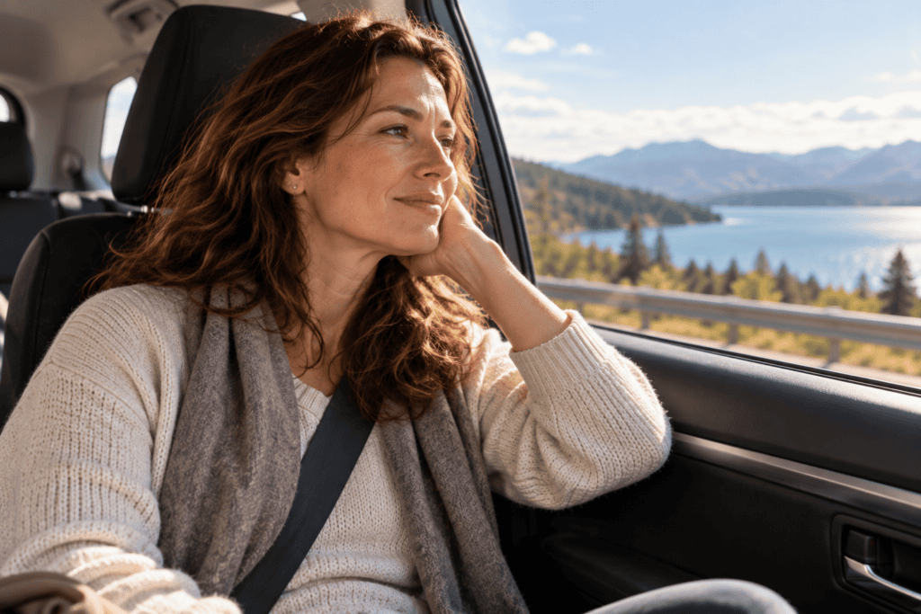 Person looking comfortable and settled during travel, calm and well after their motion sickness eased.