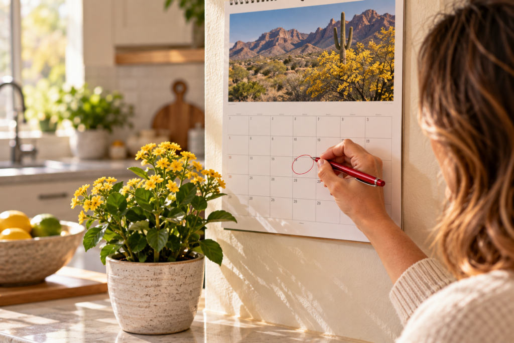 Hand circling a date on a wall calendar weeks before spring, a flowering plant nearby.