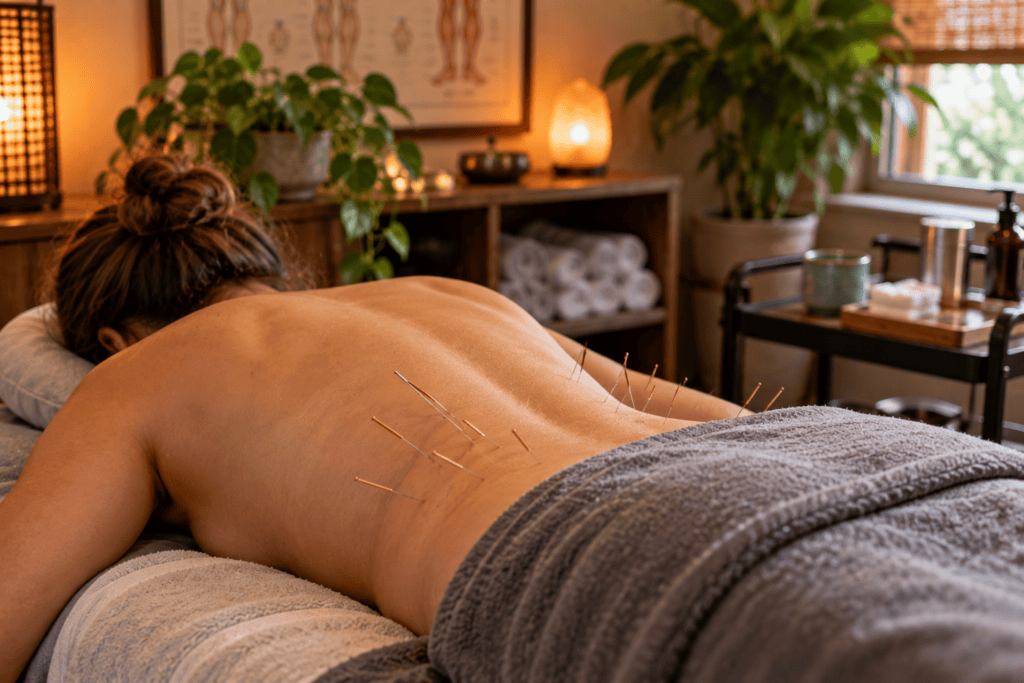 Patient lying face down with acupuncture needles placed along both sides of the lower spine.