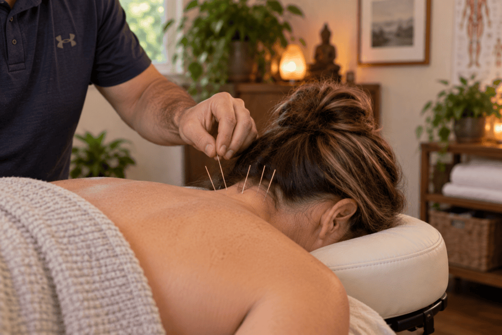Person relaxed during an acupuncture treatment with needles at the base of the skull and upper neck.