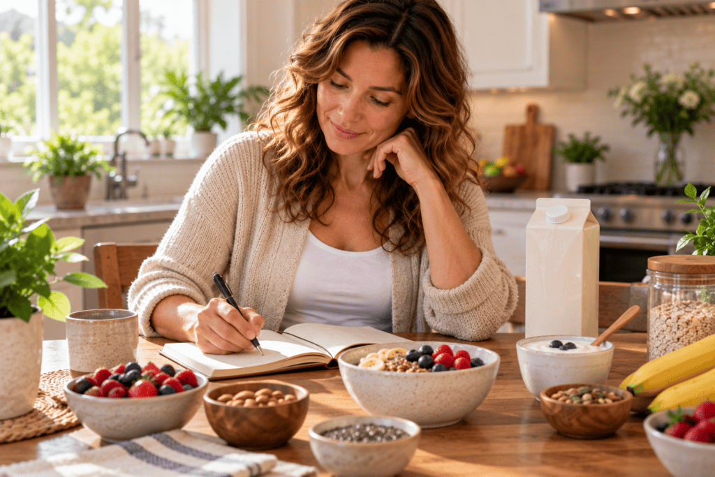 Woman keeping a food journal while trying dairy-free foods during a temporary elimination period.