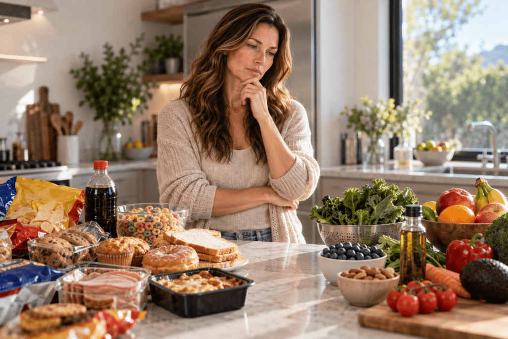 Woman considering ultra-processed foods and whole foods while thinking about inflammation and diet.