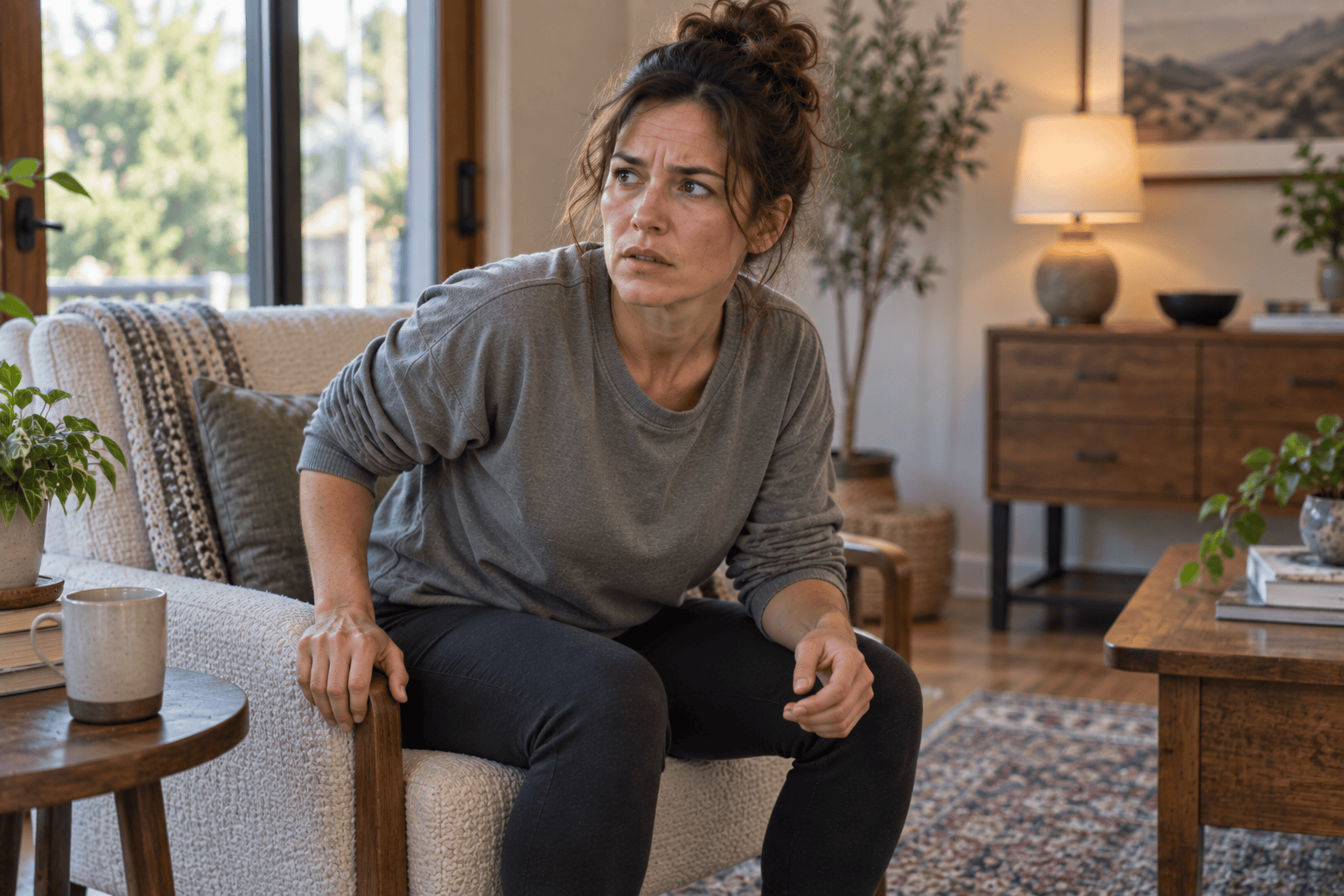 Person sitting restlessly on the edge of a chair looking tense and keyed up, unable to settle.