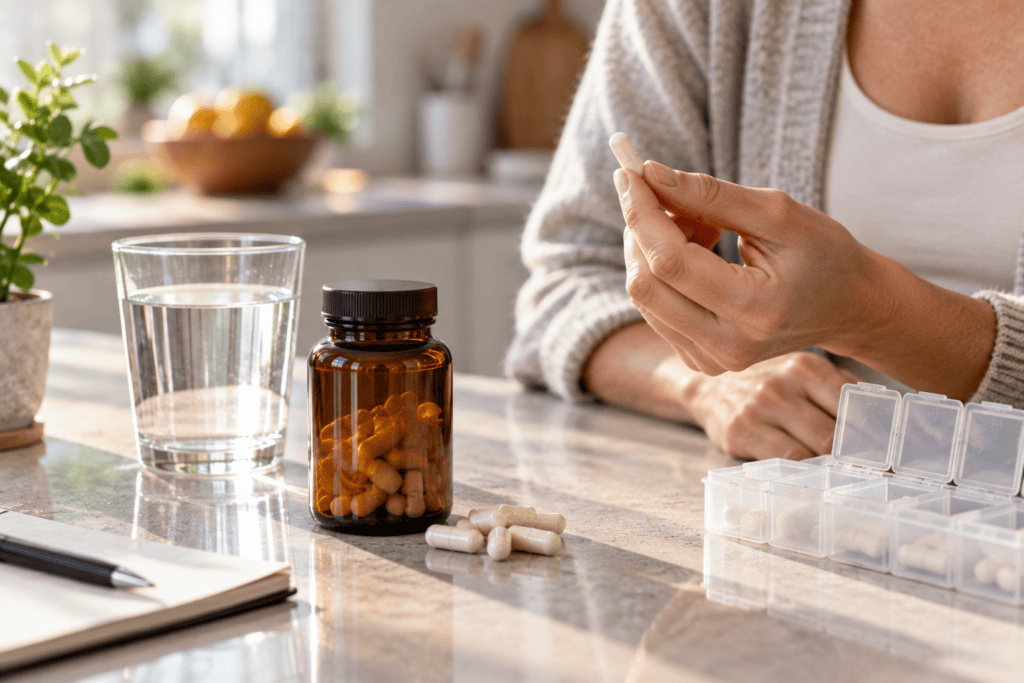 Person holding a supplement capsule beside a bottle, glass of water, and medication organizer.