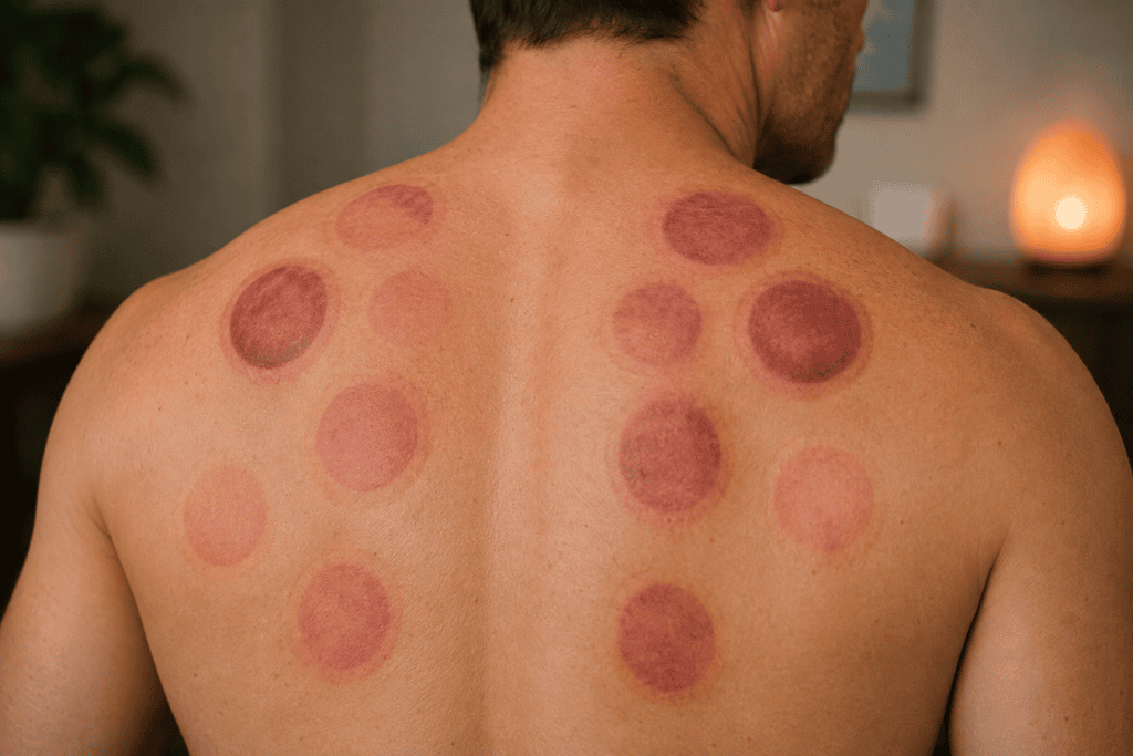 Circular red and purple cupping marks visible across a man’s back after treatment.