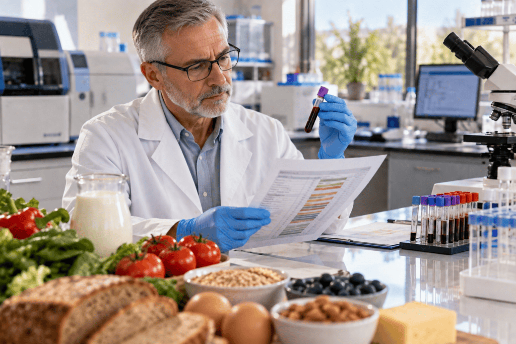 Laboratory professional examining a blood sample used for food sensitivity testing.