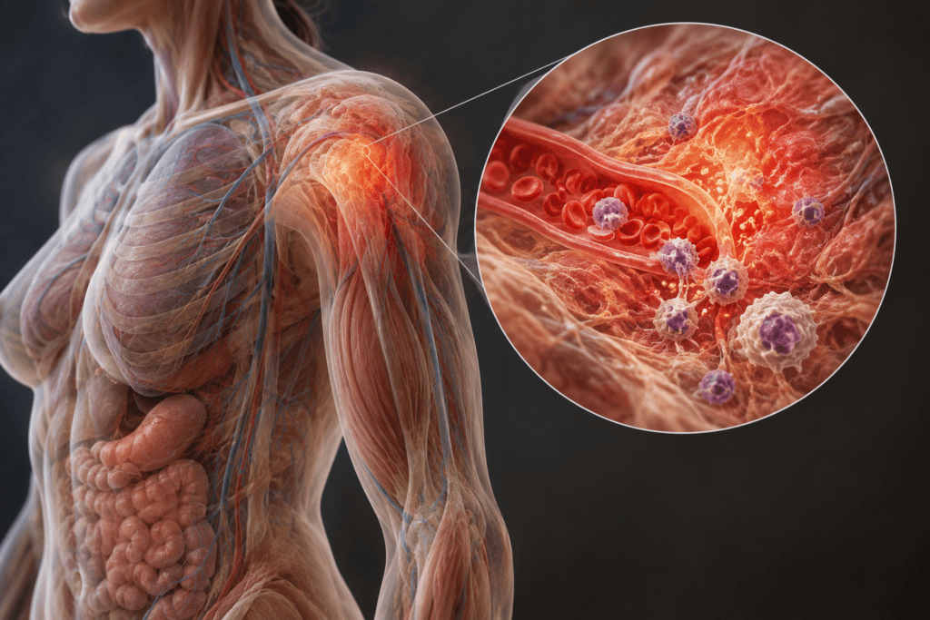 Medical visualization showing increased blood flow and immune activity associated with inflammation in the body.