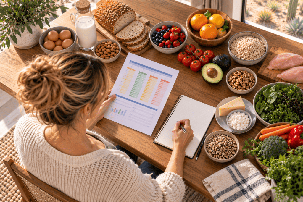 Woman comparing a food sensitivity report with a variety of common foods.