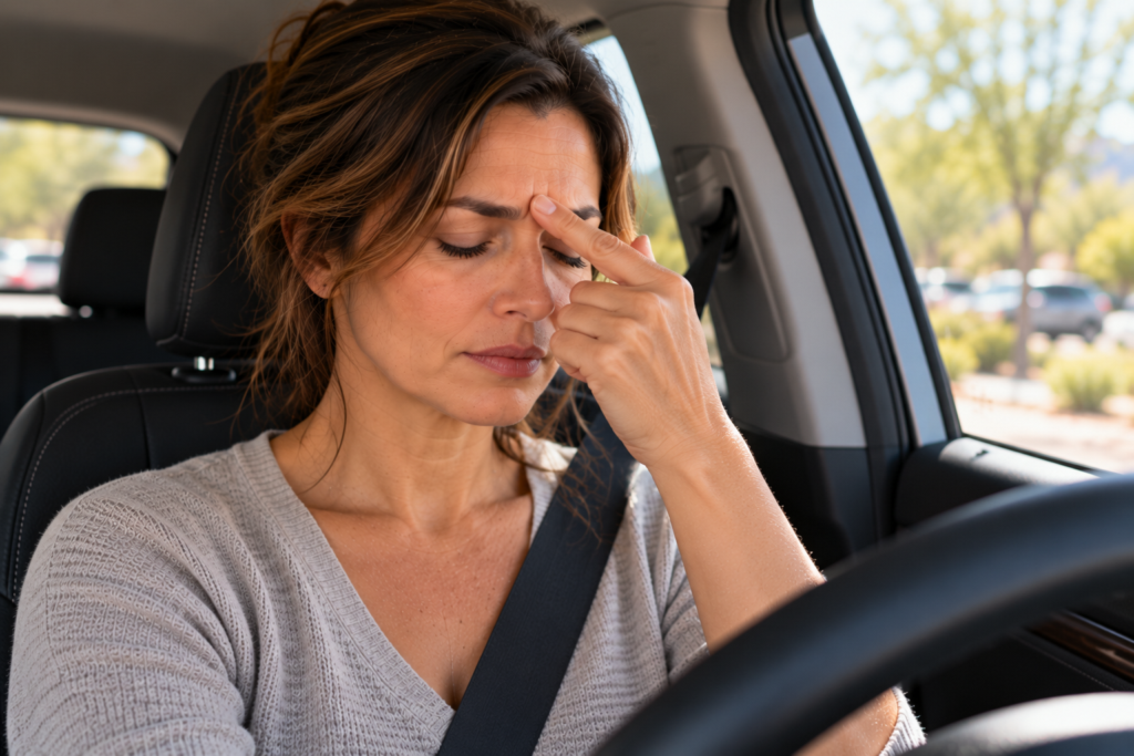 Woman sitting in a parked car with her eyes closed, gently pressing Yintang between her eyebrows