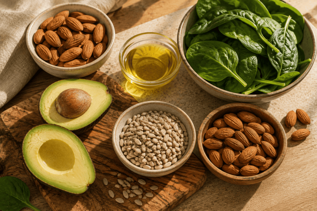 Almonds, sunflower seeds, avocado, spinach, and oil arranged as natural sources of vitamin E.