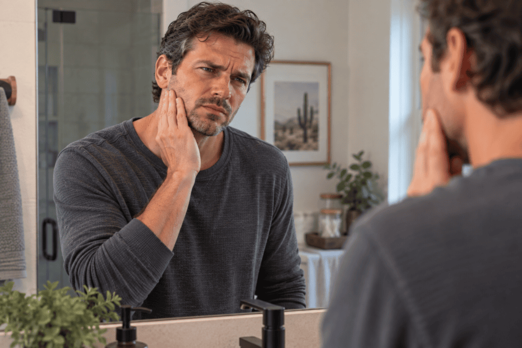 Man rubbing his sore jaw in the bathroom after waking from a night of unconscious teeth clenching.