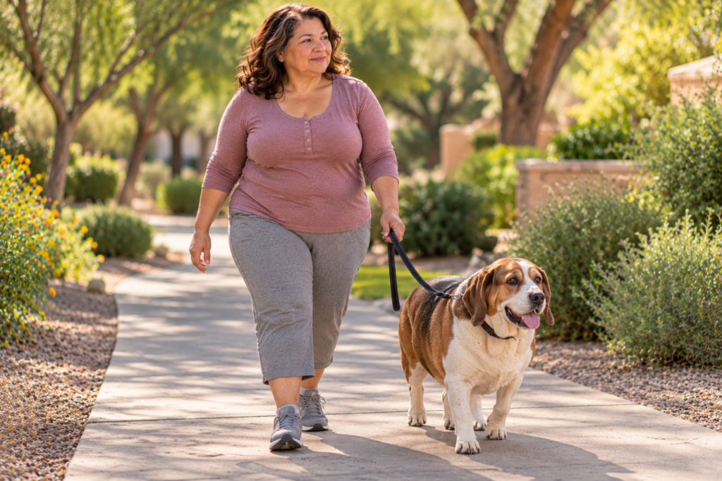 Person on an easy morning walk in supportive shoes, steady and comfortable.