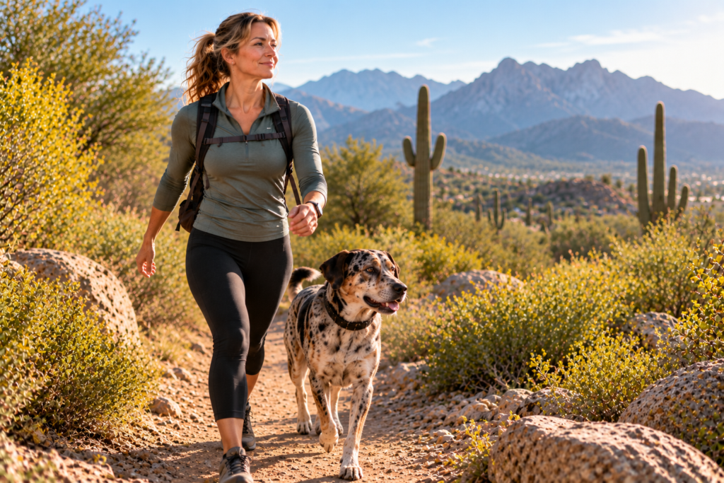 Person walking briskly along a desert path in the early morning, energized and focused.
