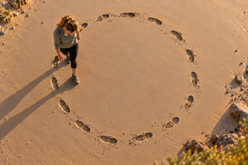 Top-down view of footprints walking in a circle in smooth sand.