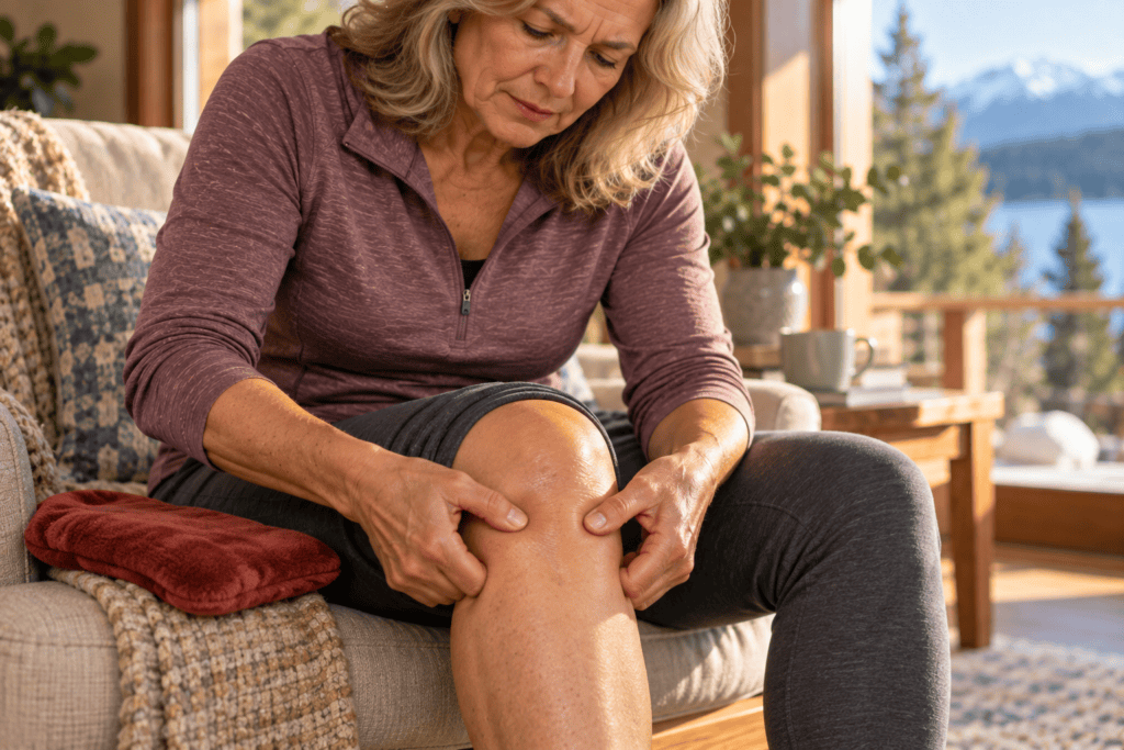 Person pressing the two hollows below the kneecap with a warm heat pack resting nearby.