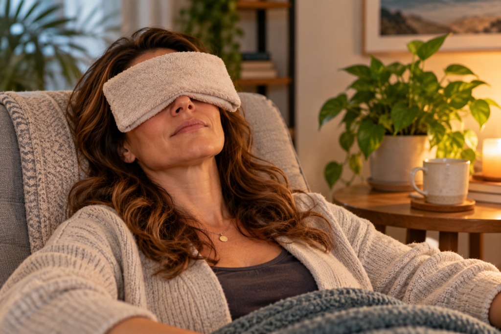 Person leaning back with eyes closed and a warm folded washcloth resting over both eyes.