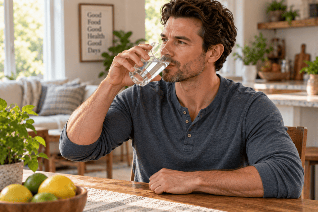 Person calmly drinking a glass of water at home to help reduce bloating and constipation.