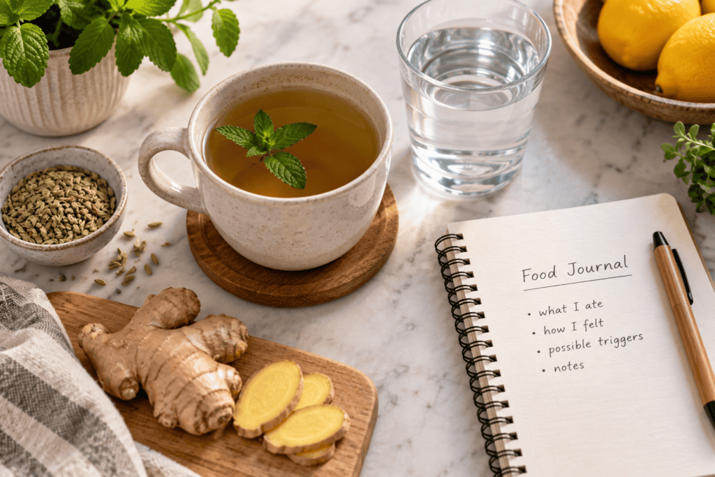 Flat-lay of herbal tea, fresh ginger, water, and a food journal representing bloating and gas remedies.