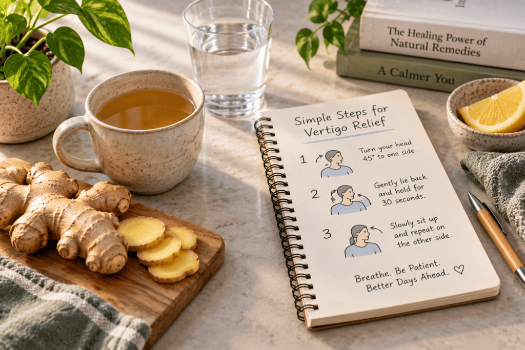 Flat-lay of water, fresh ginger and ginger tea, and a head-exercise note representing vertigo home remedies.