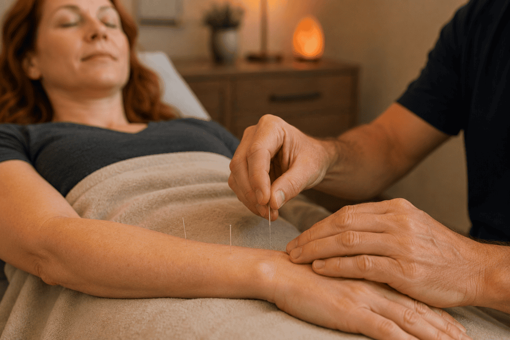 Close-up of an acupuncturist gently placing a thin acupuncture needle into a woman’s exposed forearm.
