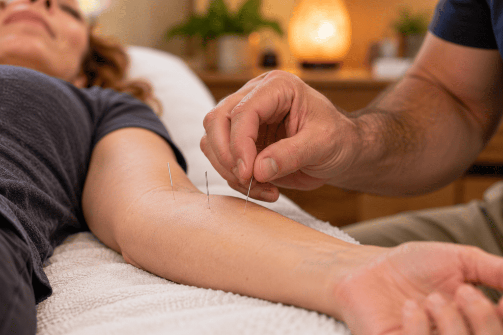 Close-up of a very fine acupuncture needle being gently inserted into a patient’s inner forearm.