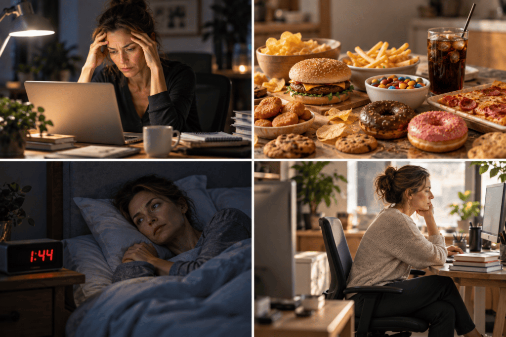 Stress, processed foods, poor sleep, and prolonged inactivity representing lifestyle factors associated with chronic inflammation.