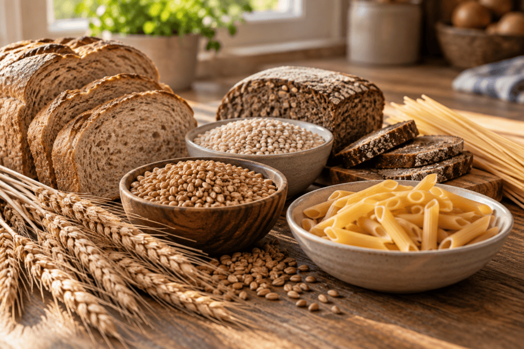 Wheat bread, rye bread, barley, pasta, wheat berries, and wheat stalks displayed together as common sources of gluten.