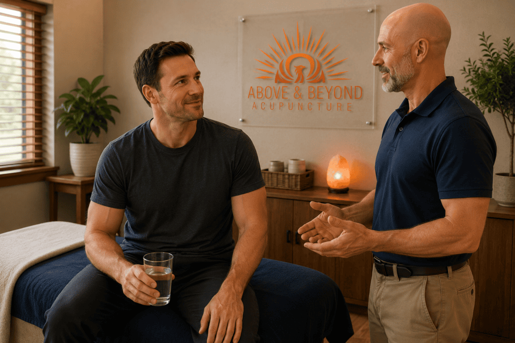 Man relaxing with water while speaking with his acupuncturist after a cupping treatment.