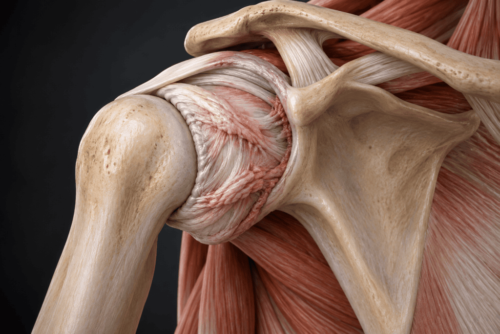 Anatomical visualization of a thickened and contracted shoulder joint capsule associated with frozen shoulder.