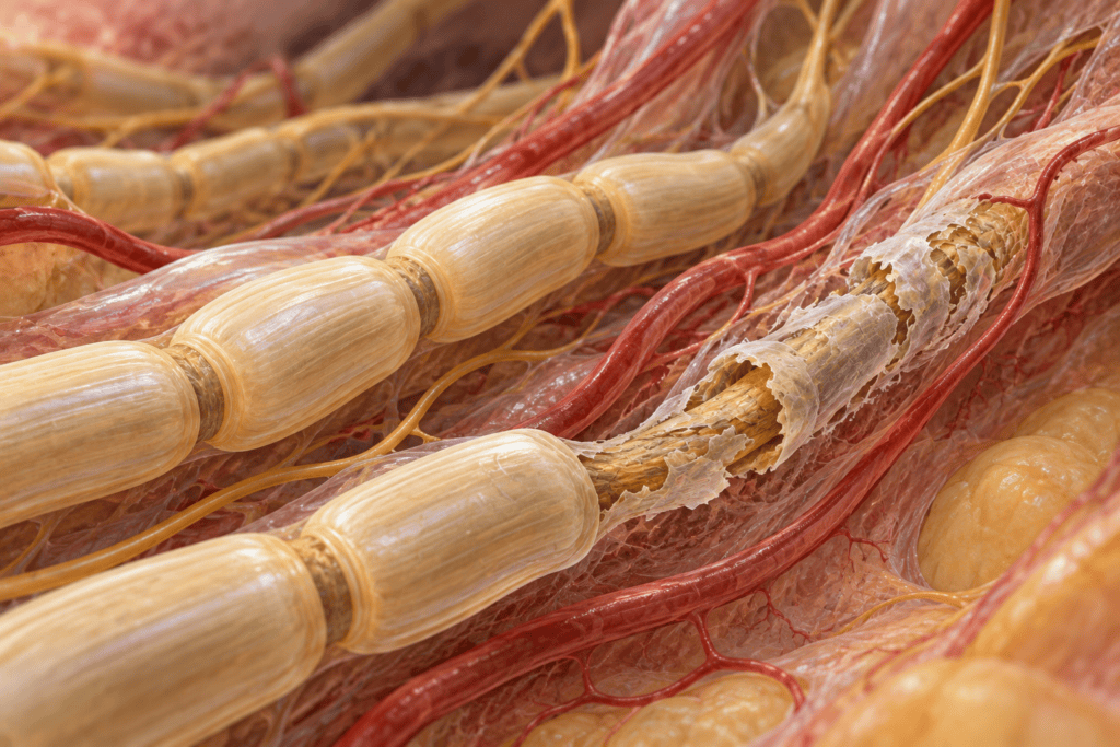 Medical visualization of healthy and damaged peripheral nerve fibers within human tissue.