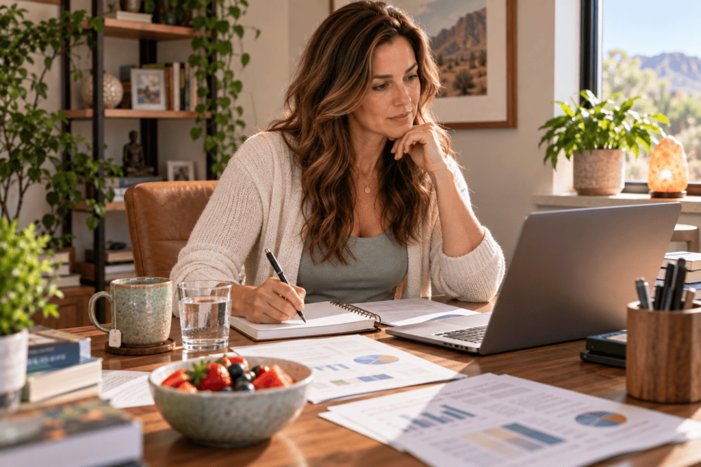 Woman reviewing hydration research at a desk with water, tea, and fruit nearby.