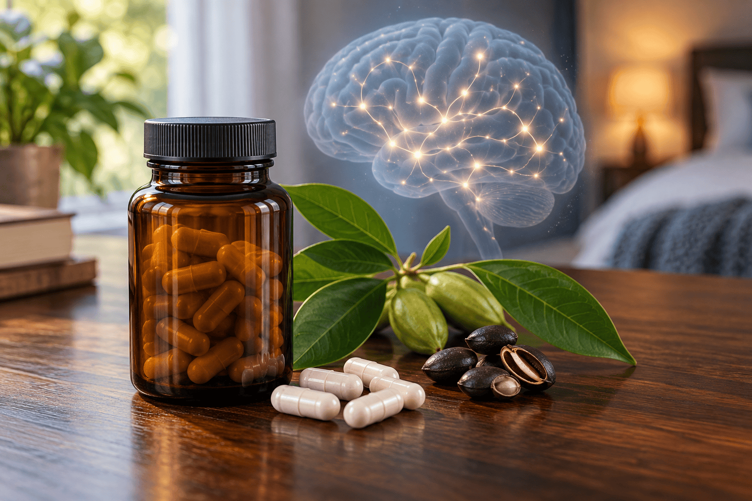 5-HTP supplement capsules with Griffonia seeds and a subtle visualization of brain activity representing serotonin production.