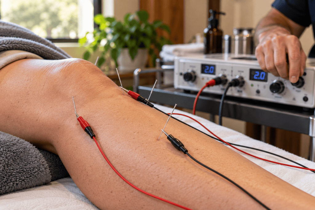 Electroacupuncture clips connected to fine acupuncture needles during treatment of a patient’s lower leg.