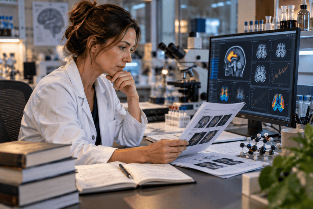 Neuroscience researcher reviewing brain imaging and scientific data related to neurotransmitter research.