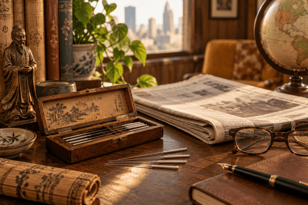 Traditional acupuncture needles beside a 1970s newspaper representing the introduction of acupuncture to mainstream America.