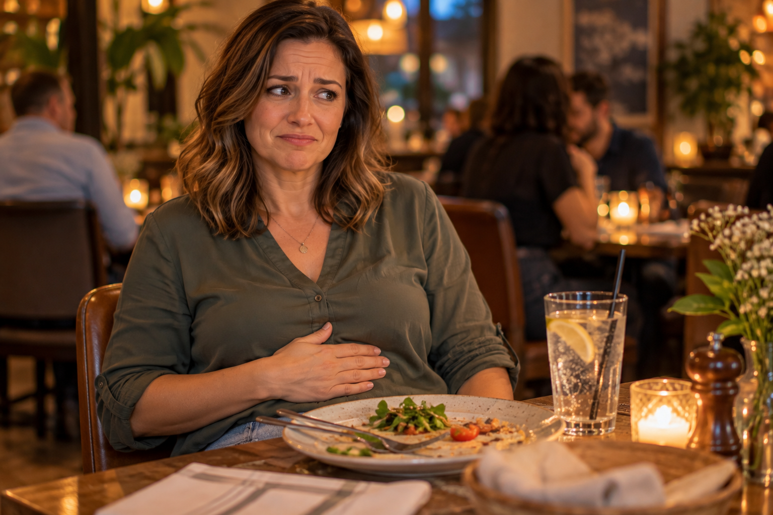 Person at a restaurant table after a meal with a hand on the upper belly and an uncomfortable expression.