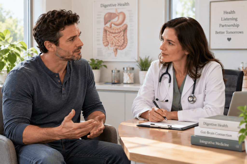 Person talking with an attentive doctor about persistent bloating in a bright office.