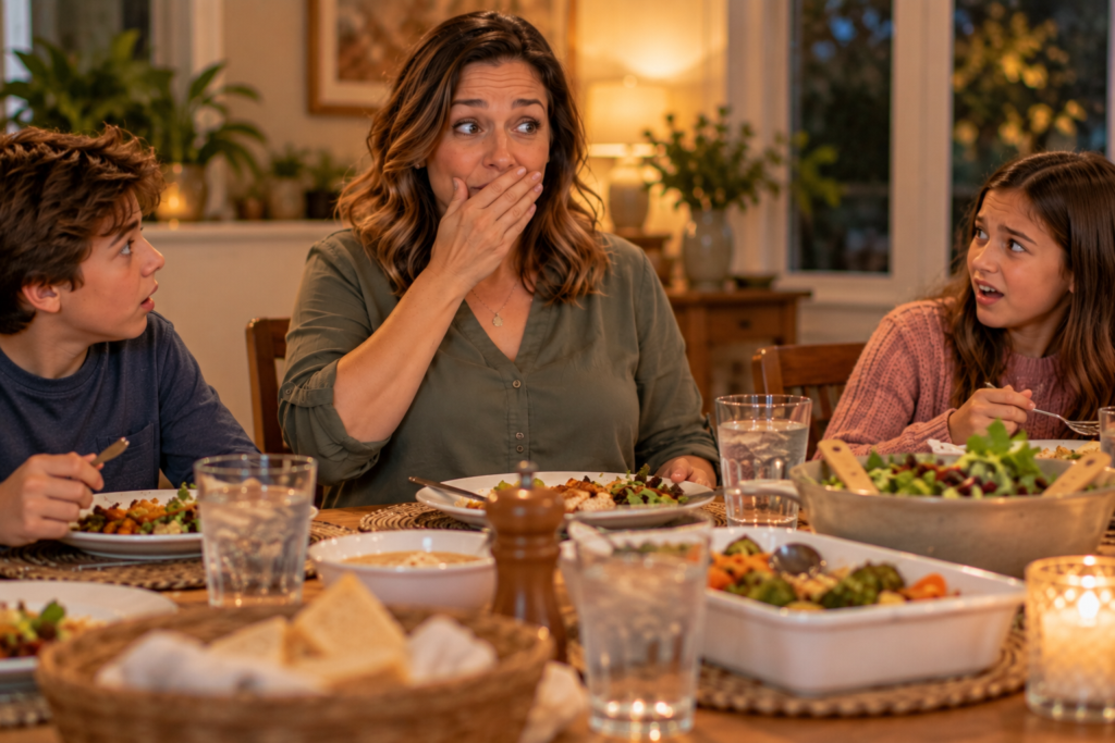 Woman covering her mouth after burping at the dinner table while her children look at her in surprise.