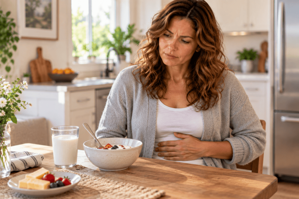 Woman experiencing mild digestive discomfort after eating dairy at home.
