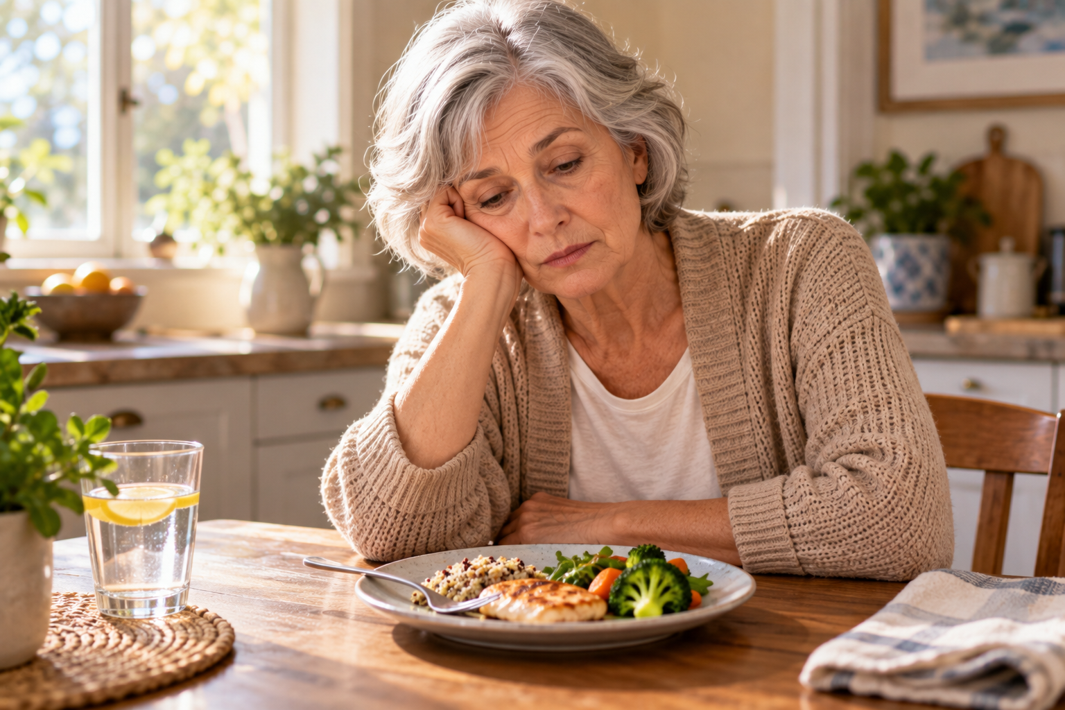 Older adult at a kitchen table looking at a small plated meal with little interest, fork resting on the plate.