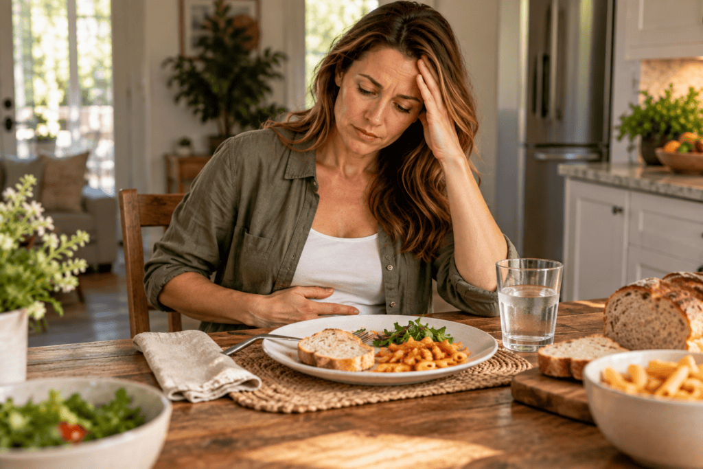 Woman sitting at a kitchen table feeling bloated, tired, and mentally foggy after eating a meal containing bread and pasta.