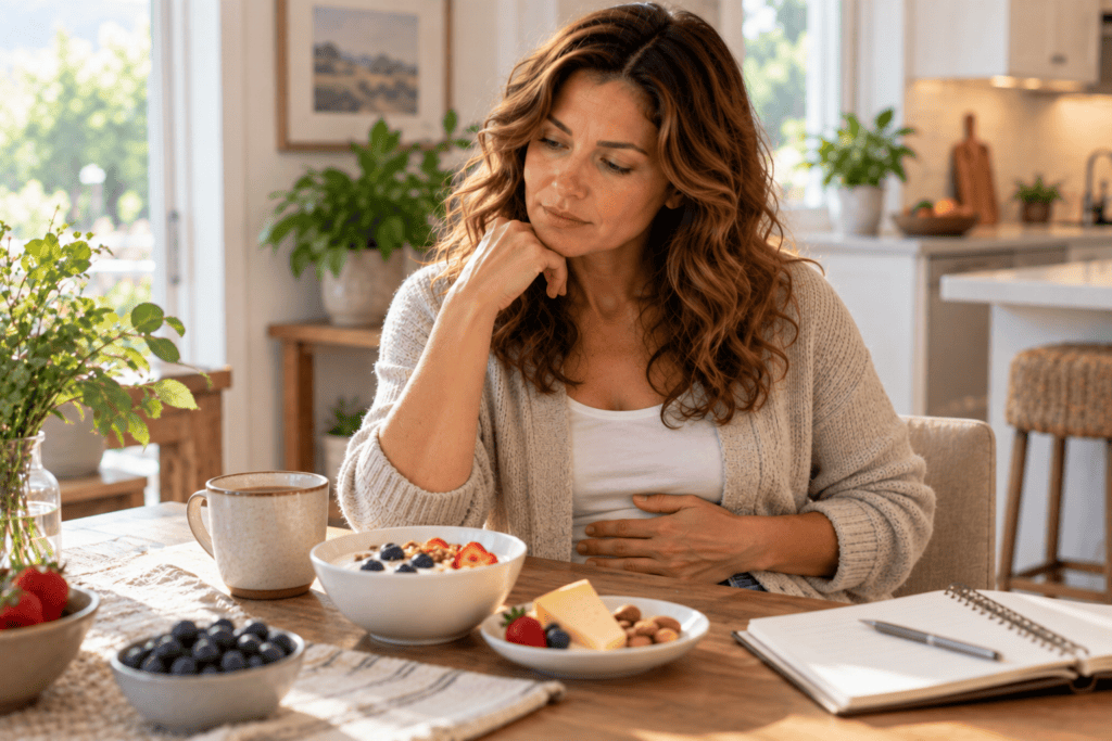 Woman thoughtfully considering dairy foods at her kitchen table while resting a hand on her abdomen.
