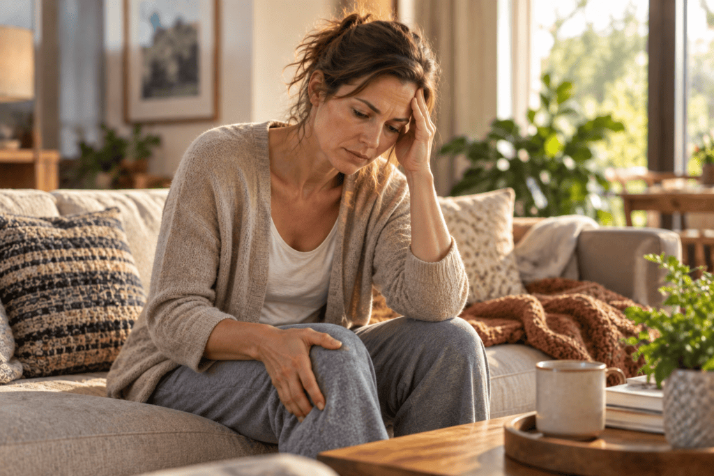 Woman sitting at home experiencing persistent fatigue and body aches associated with chronic inflammation.