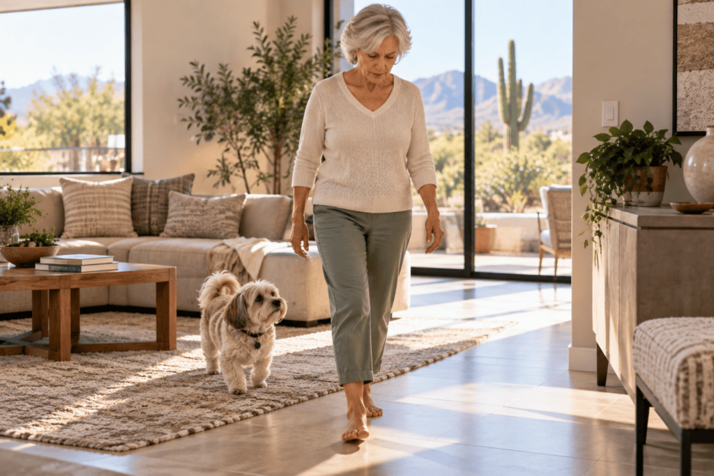 Older woman walking carefully at home while experiencing altered sensation in her feet.