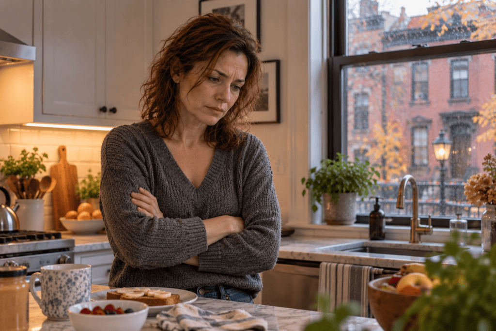 Woman standing quietly in her kitchen while caught in a moment of self-doubt and self-criticism.