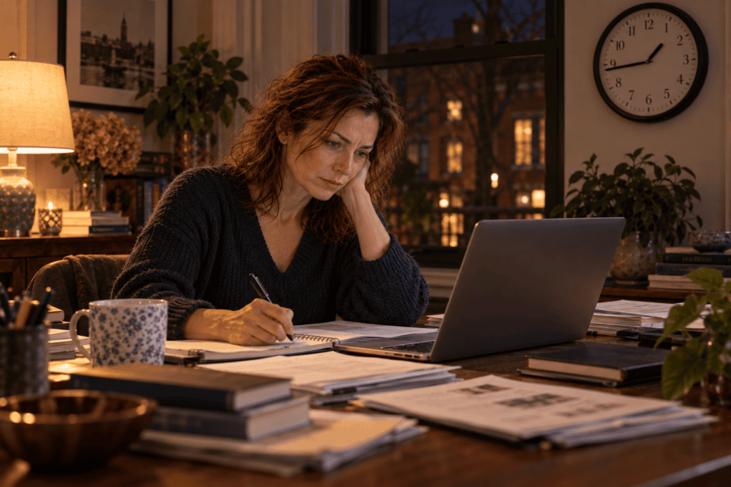 Woman working late into the night while continuing to revise work that is already complete.
